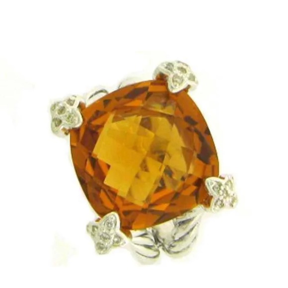 David Yurman Citrine On Point Silver Cable Ring Diamonds 20mm Cushion Cut 6.5 - Picture 6 of 10